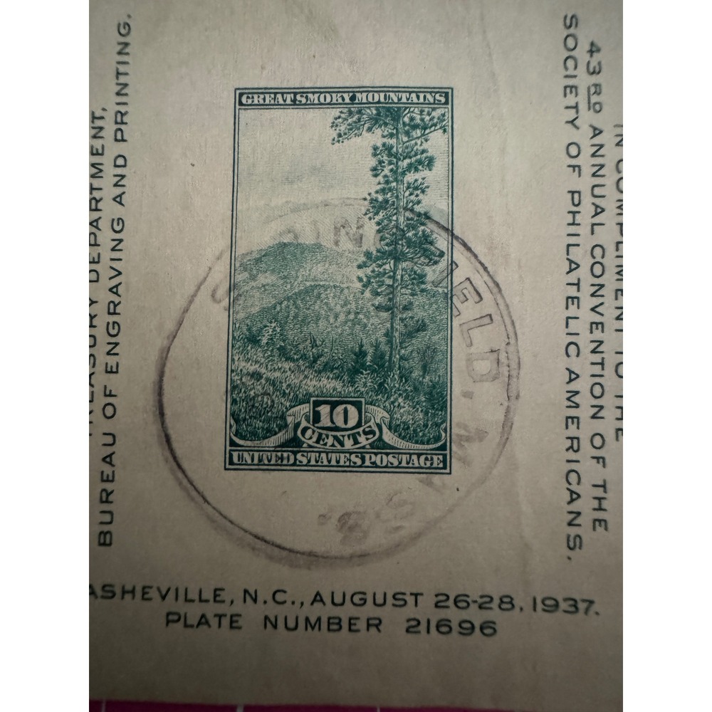 1937 SPA Convention Souvenir Sheet Great Smoky Mountains 10c Stamp Plate 21696